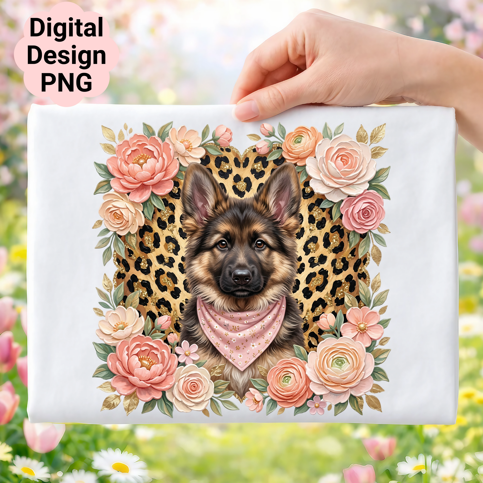German Shepherd dog wearing a pink bandana surrounded by floral elements and leopard print.