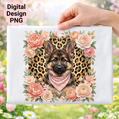 German Shepherd dog wearing a pink bandana surrounded by floral elements and leopard print.