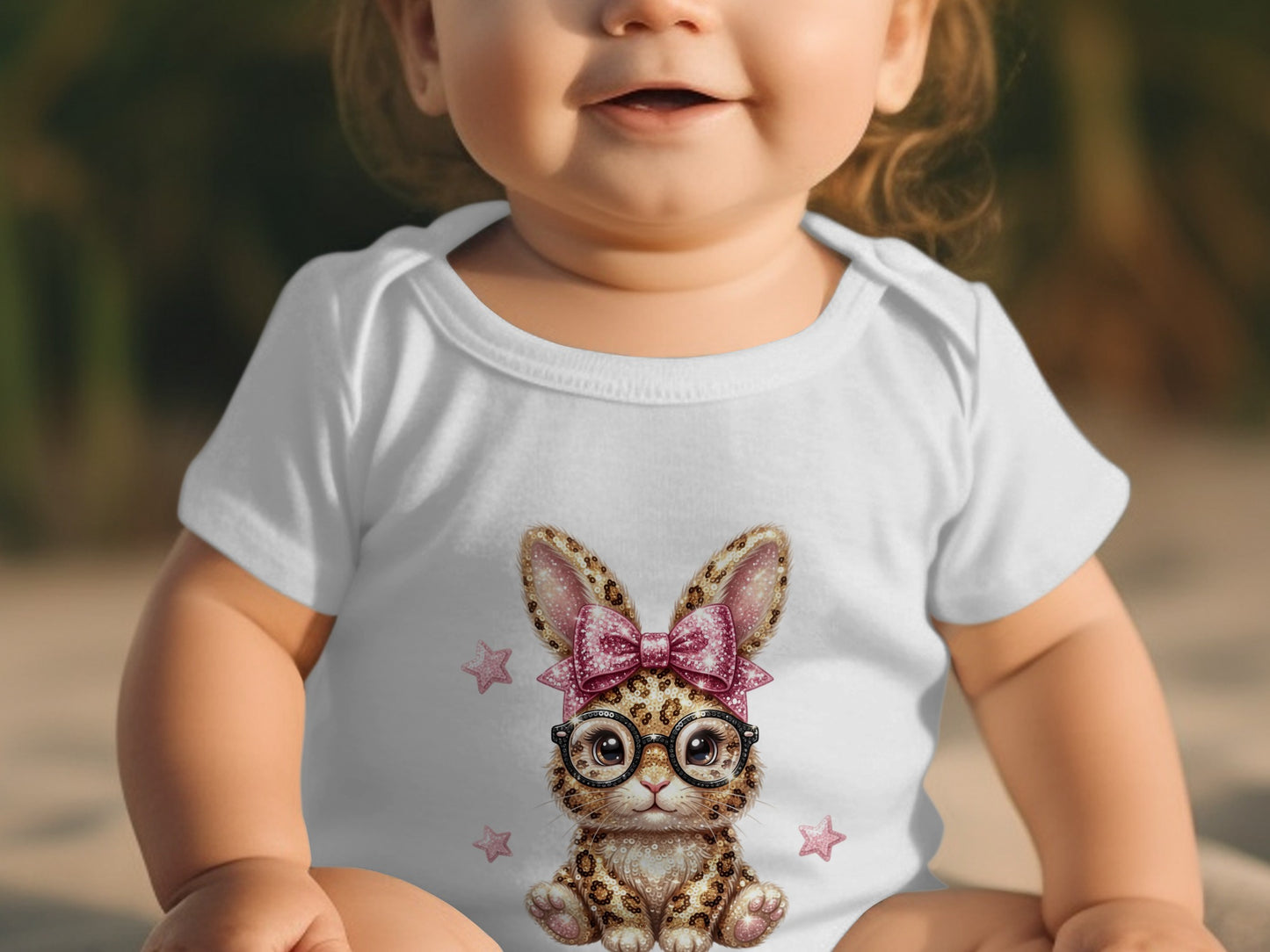 Baby in white onesie with leopard print bunny wearing glasses and pink bow.