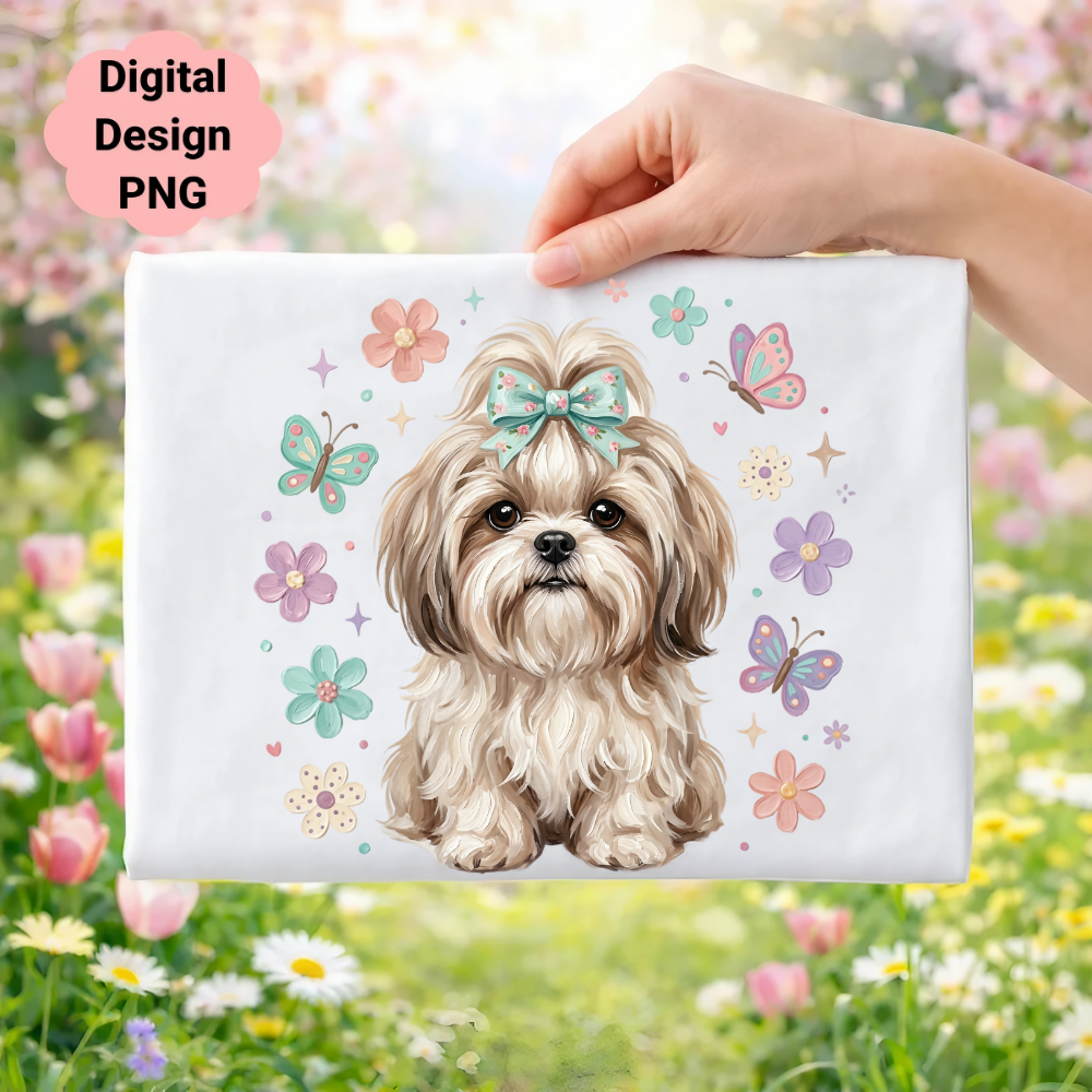 Fluffy Shih Tzu dog with bow surrounded by flowers and butterflies.