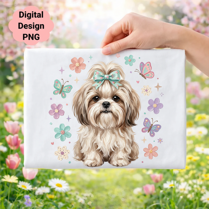 Fluffy Shih Tzu dog with bow surrounded by flowers and butterflies.
