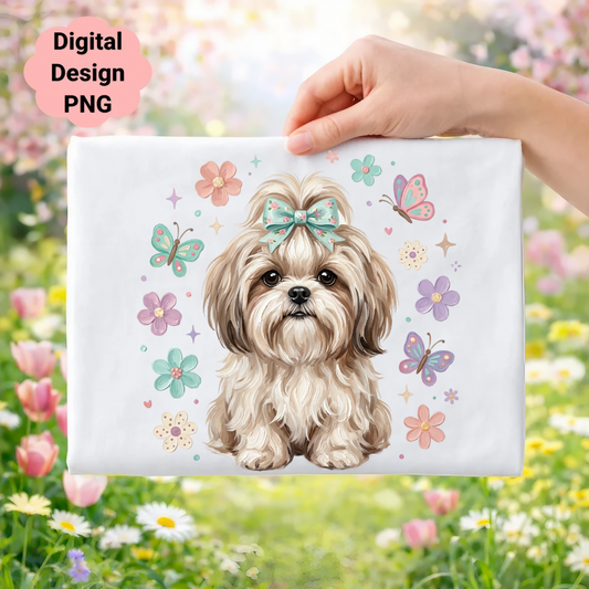 Fluffy Shih Tzu dog with bow surrounded by flowers and butterflies.
