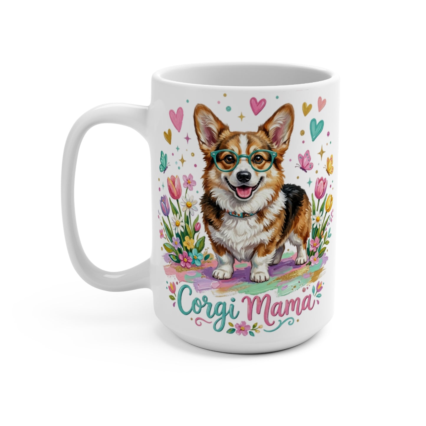 Corgi wearing glasses surrounded by flowers with "Corgi Mama" text.