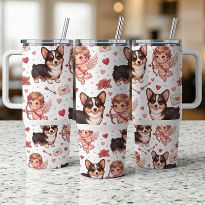 Three stainless steel tumblers with a repeating corgi and cupid Valentine's Day pattern.