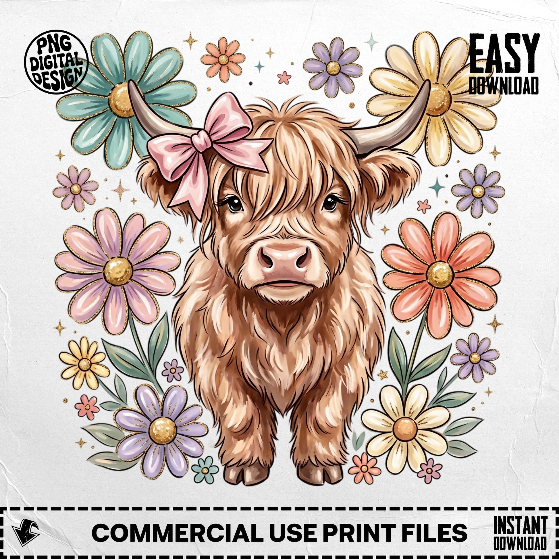 Highland cow with flowers and bow, "PNG DIGITAL DESIGN" and "INSTANT DOWNLOAD".