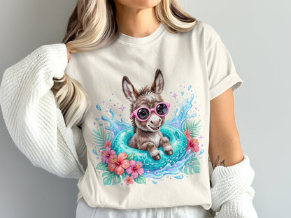 Cute donkey wearing pink sunglasses in a blue inner tube with flowers.