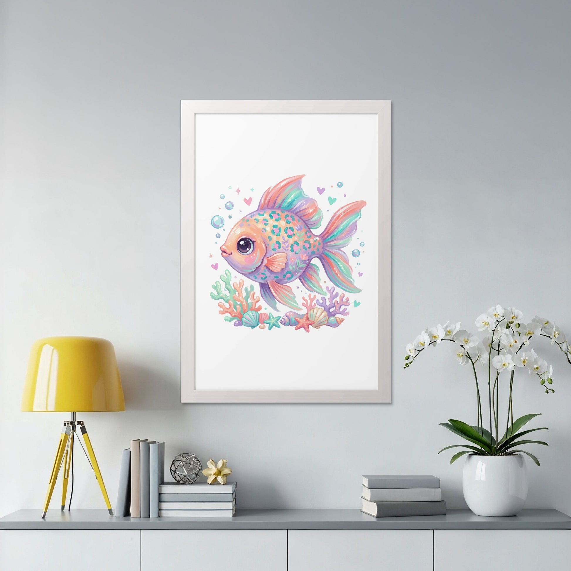 Whimsical cartoon goldfish with colorful scales in a framed print.