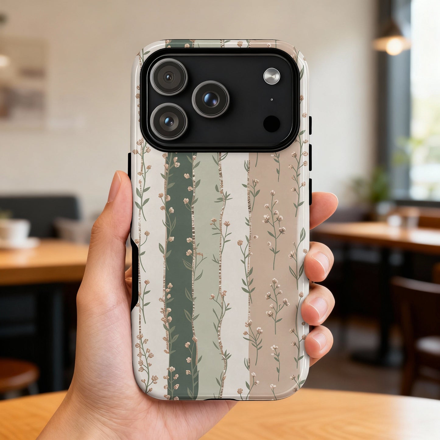 Phone case with floral stripe pattern in muted greens and beige.
