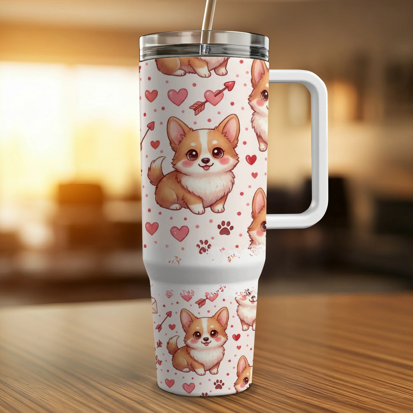 White tumbler with corgis, hearts, and paw prints pattern.