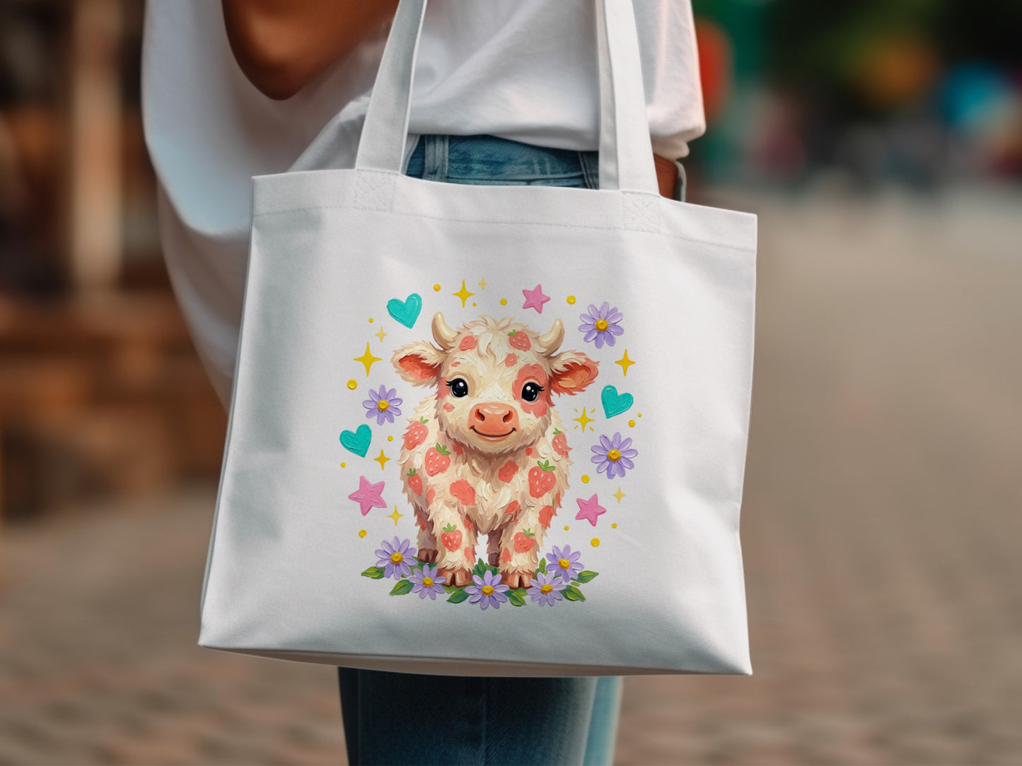 White tote bag featuring a cartoon strawberry cow illustration with hearts and flowers.