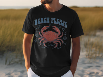 Black t-shirt with a vintage crab design and "Beach Please" text.