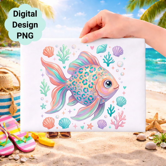 Whimsical fish with leopard spots, surrounded by seashells, on a beach background.