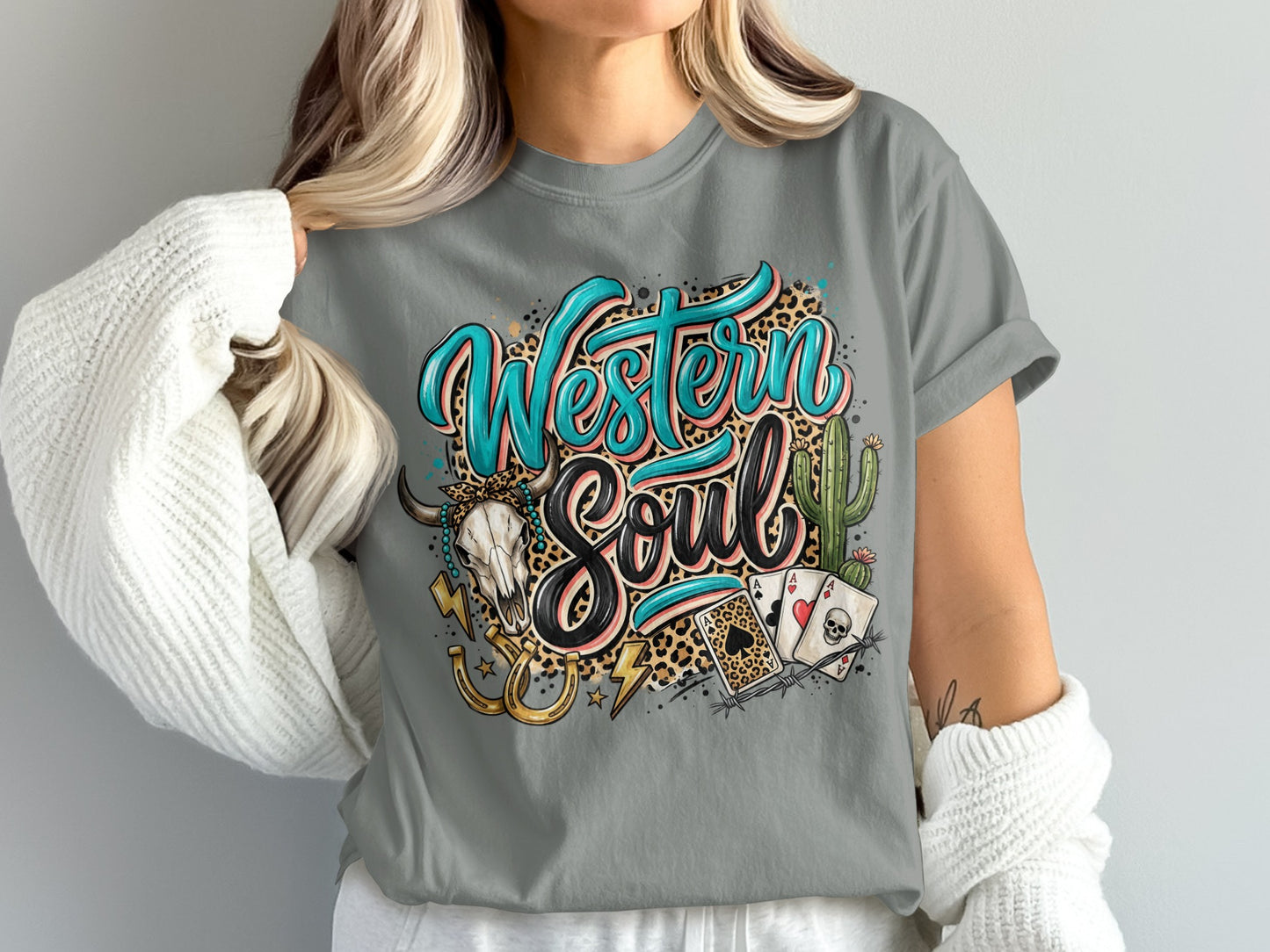 Gray t-shirt with "Western Soul" text, bull skull, cactus, and playing cards.