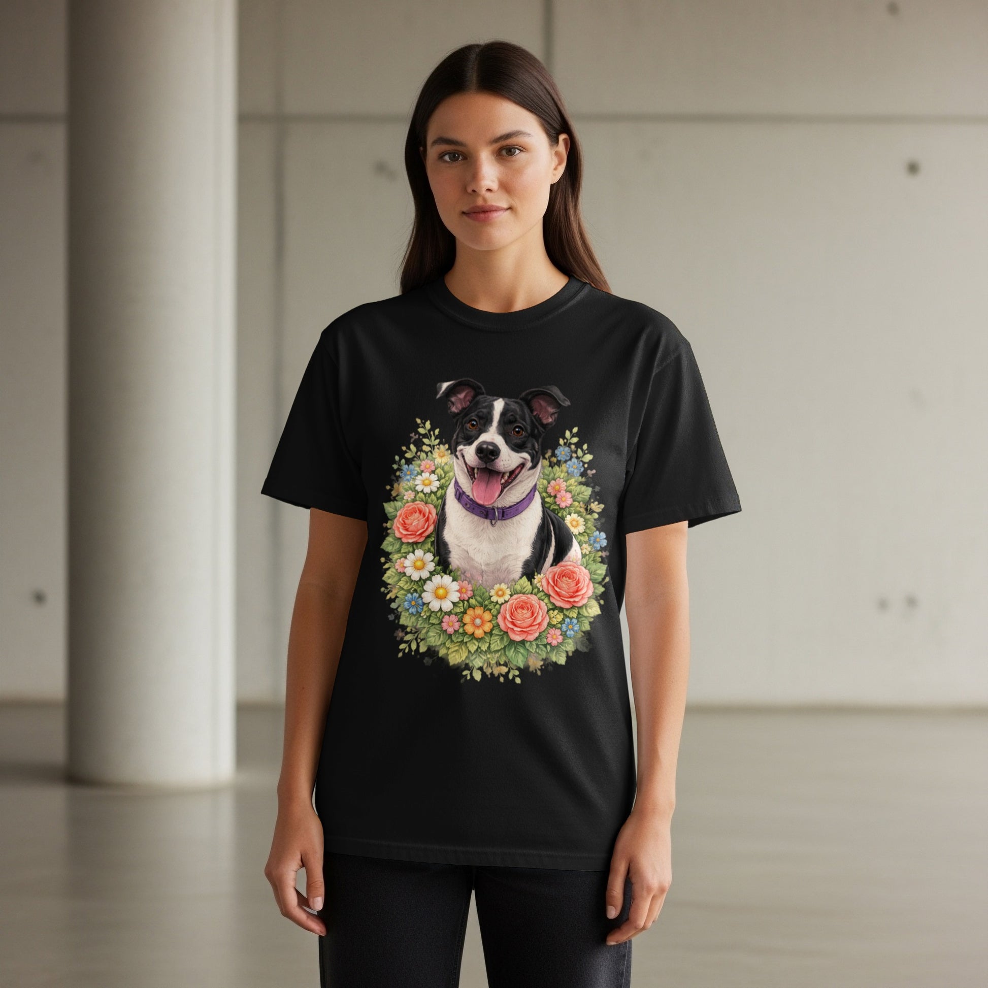 Black t-shirt with a dog portrait in a floral wreath.