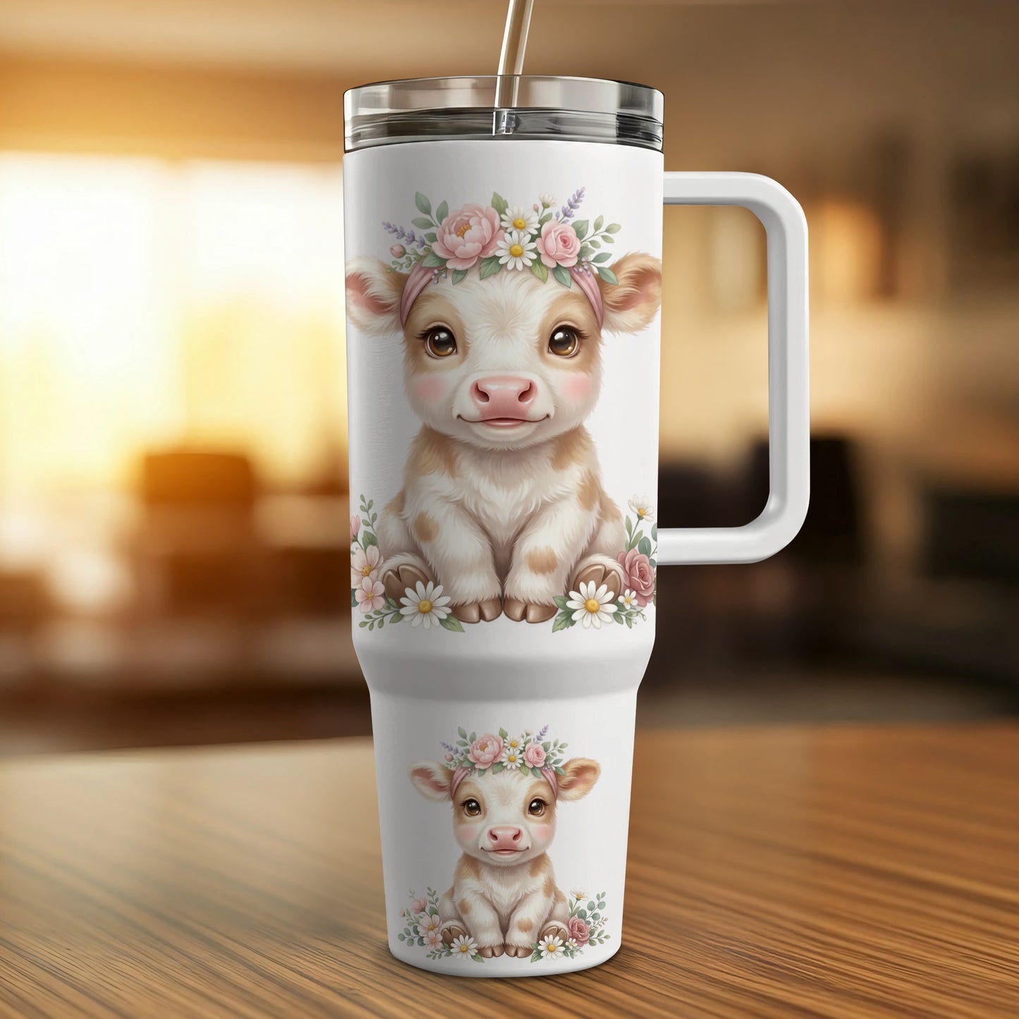 Two tumblers featuring a cute calf wearing a floral wreath.
