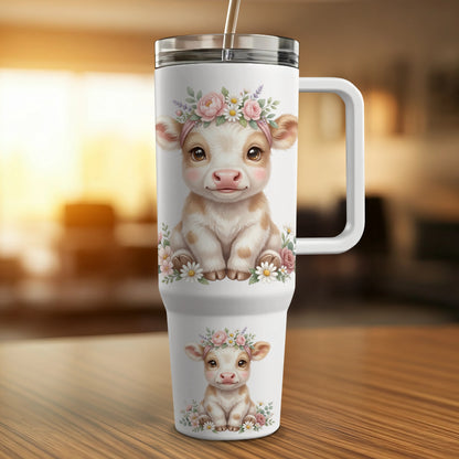 Two tumblers featuring a cute calf wearing a floral wreath.