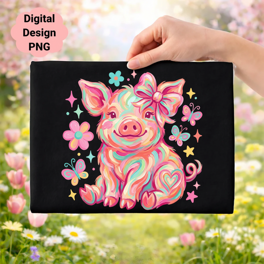 Colorful cartoon pig with bow and butterflies on black background.