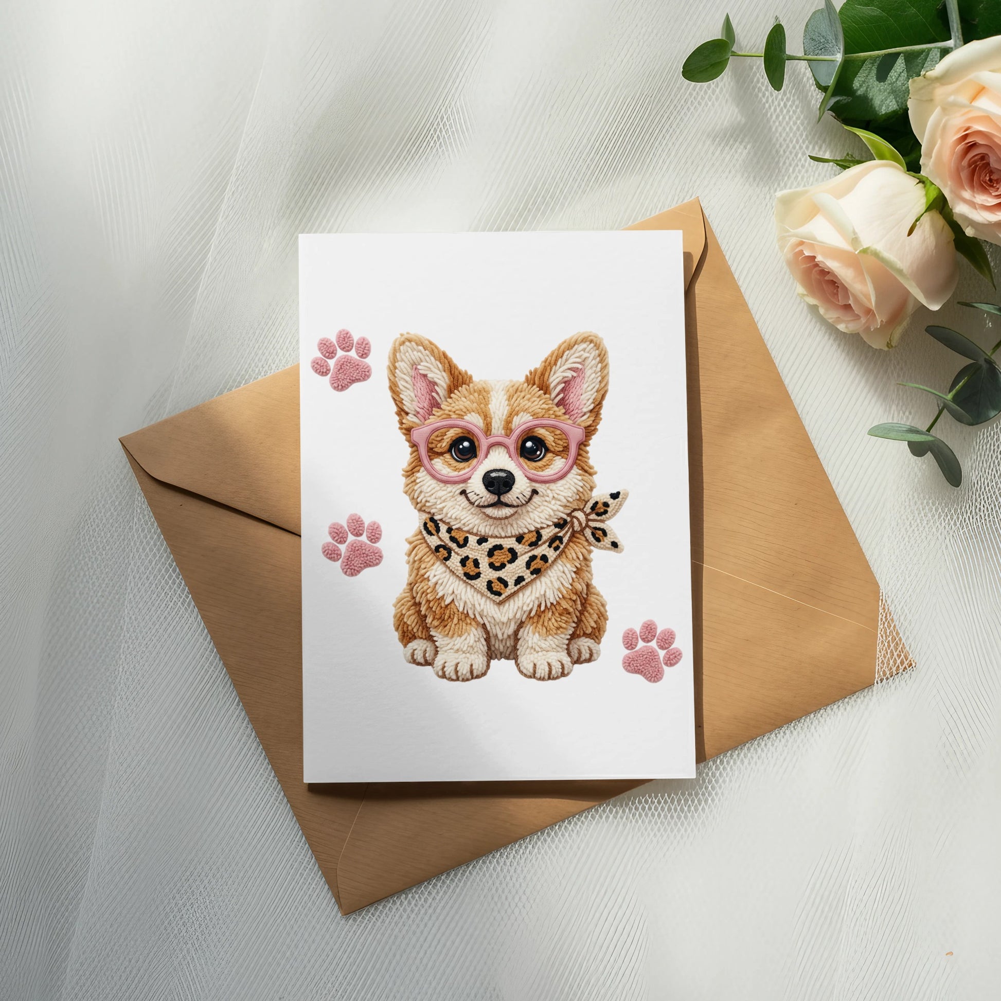 Corgi with pink glasses and leopard print bandana on a card.