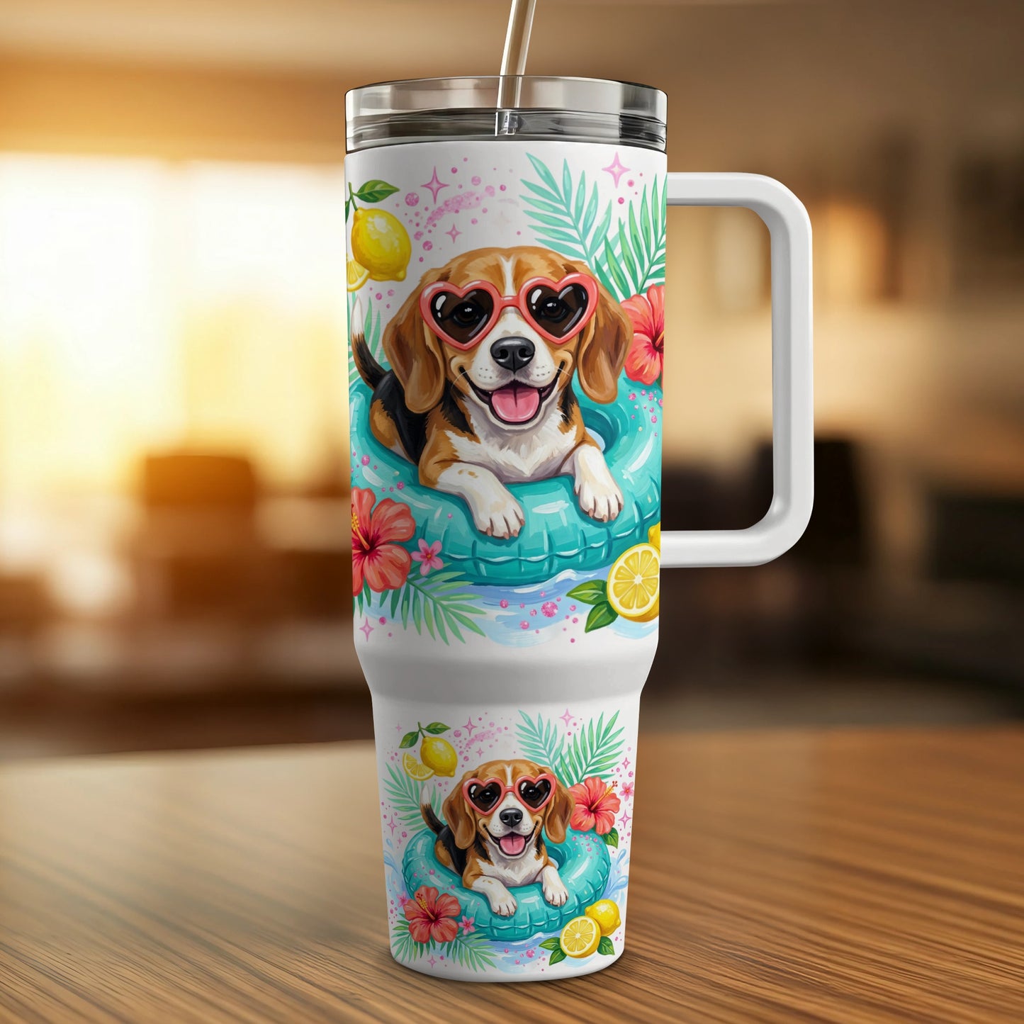 Beagle wearing heart sunglasses in a pool float on a tumbler.