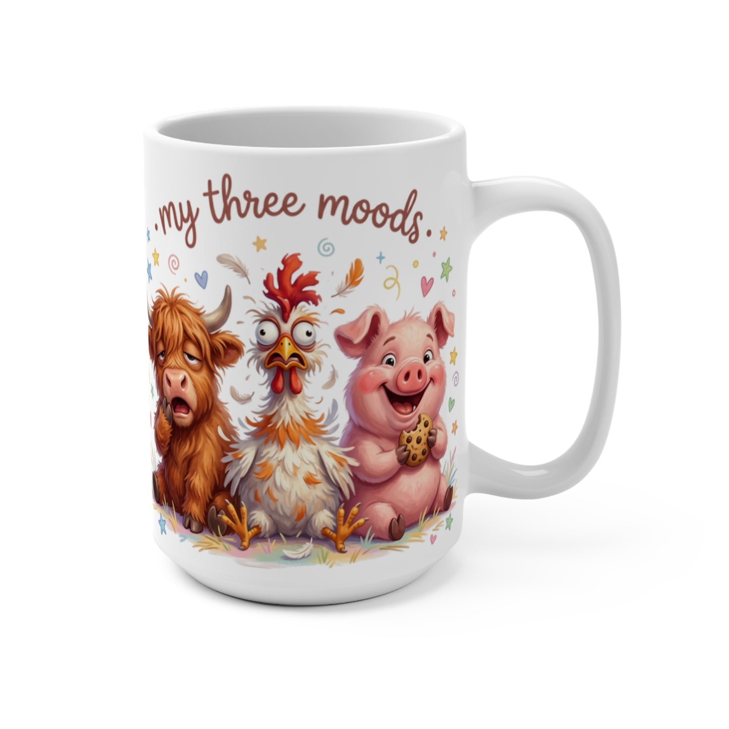 Mug with cartoon highland cow, chicken, and pig depicting "my three moods."