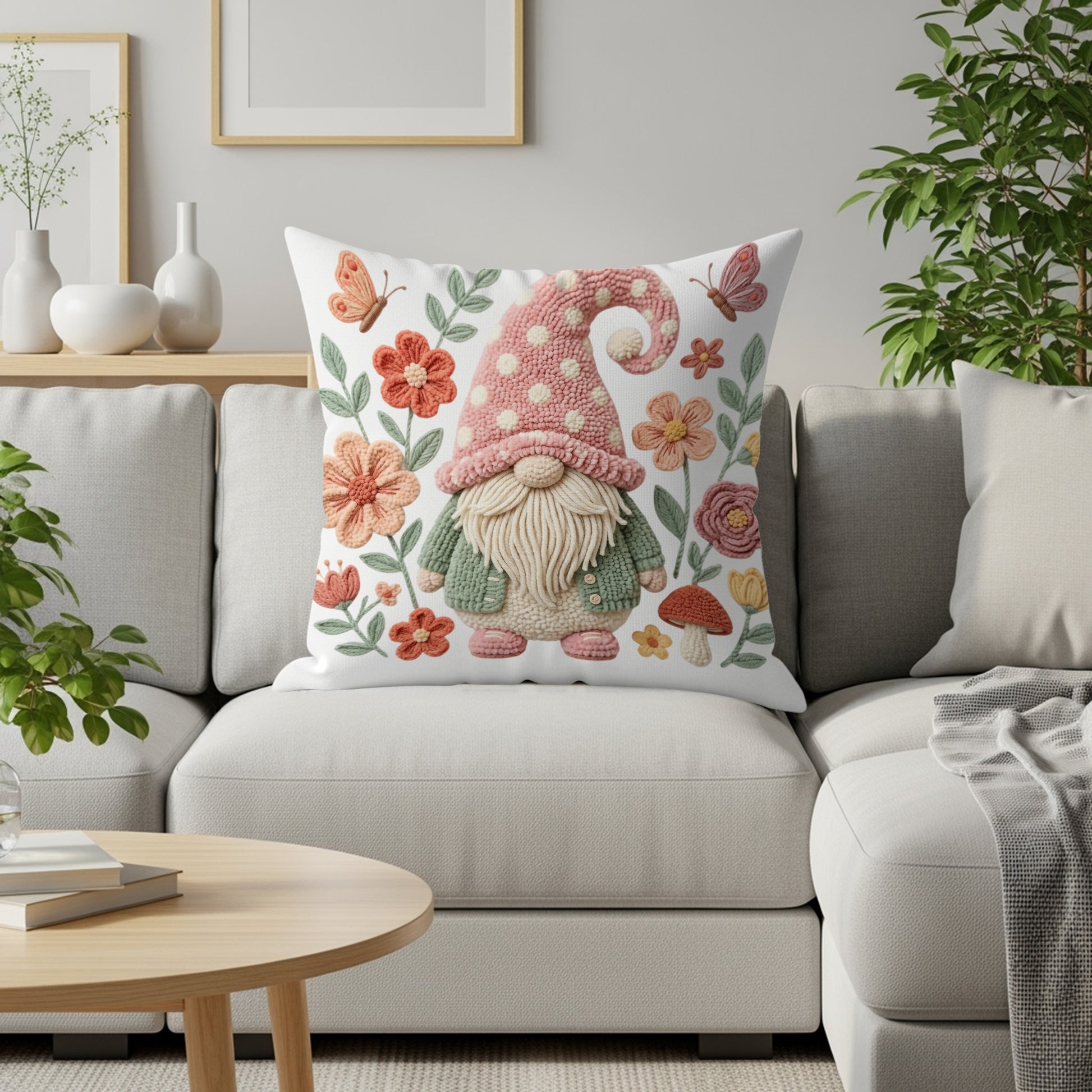 Gnome pillow with floral and butterfly design on a sofa.