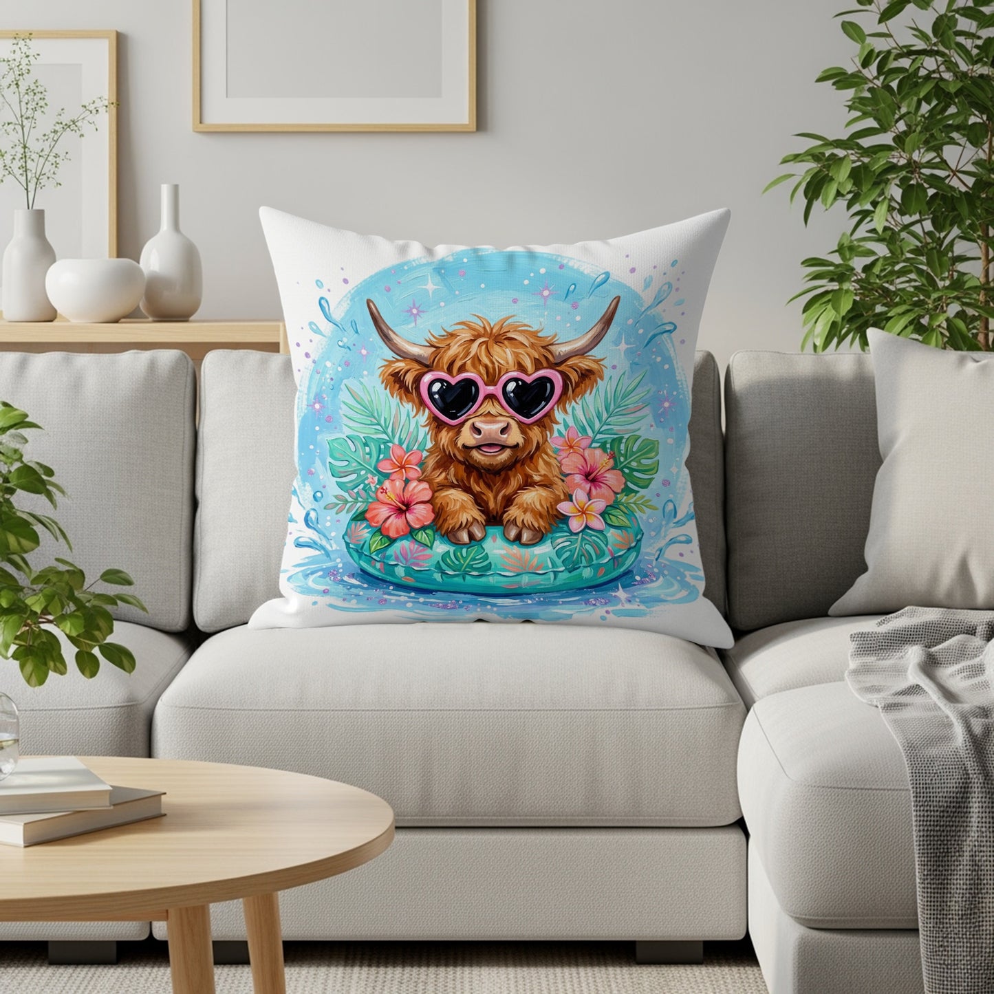 Highland cow wearing sunglasses in a pool float, surrounded by tropical flowers.