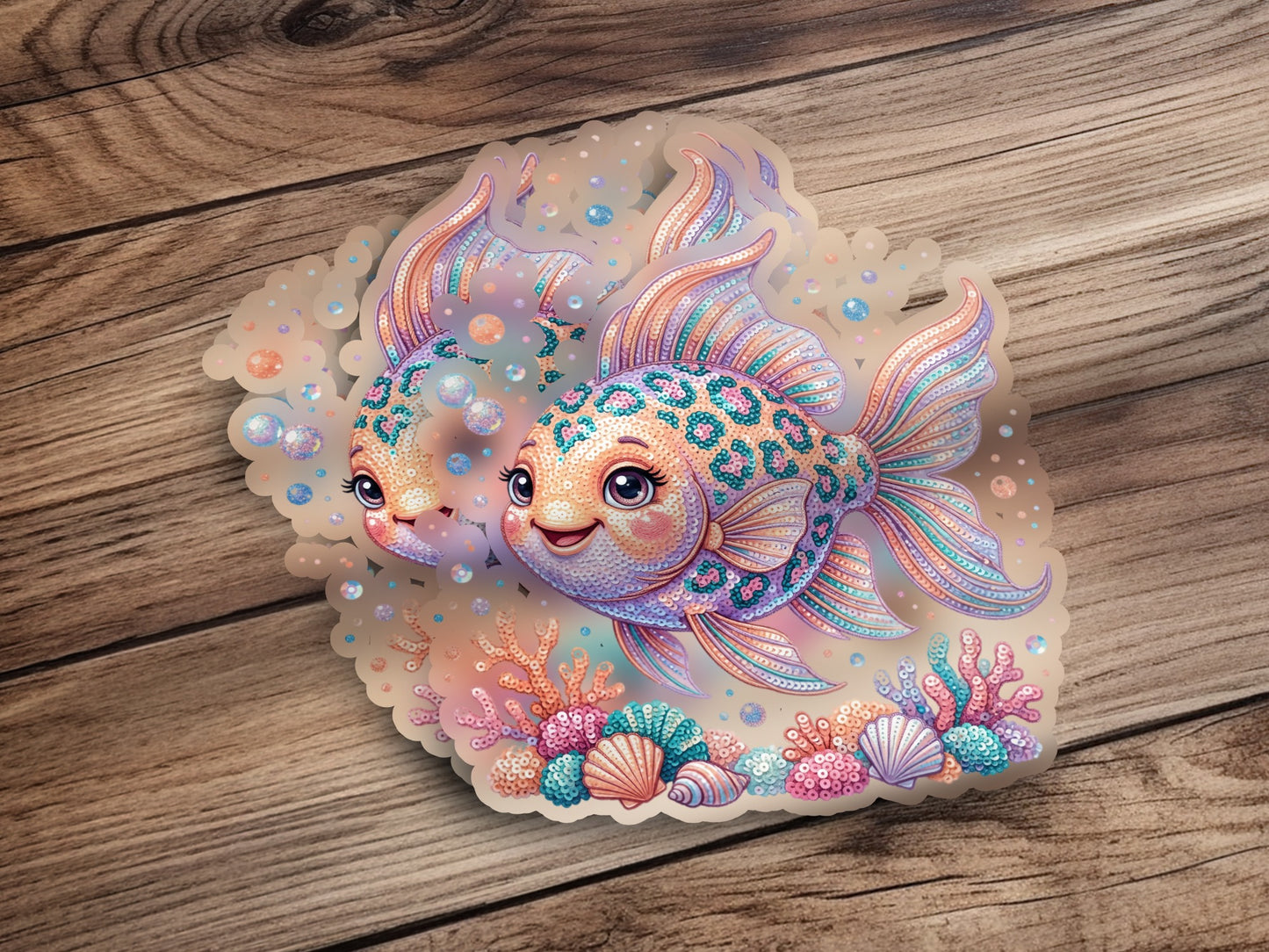 Two cartoon fish with leopard print scales among coral and seashells.