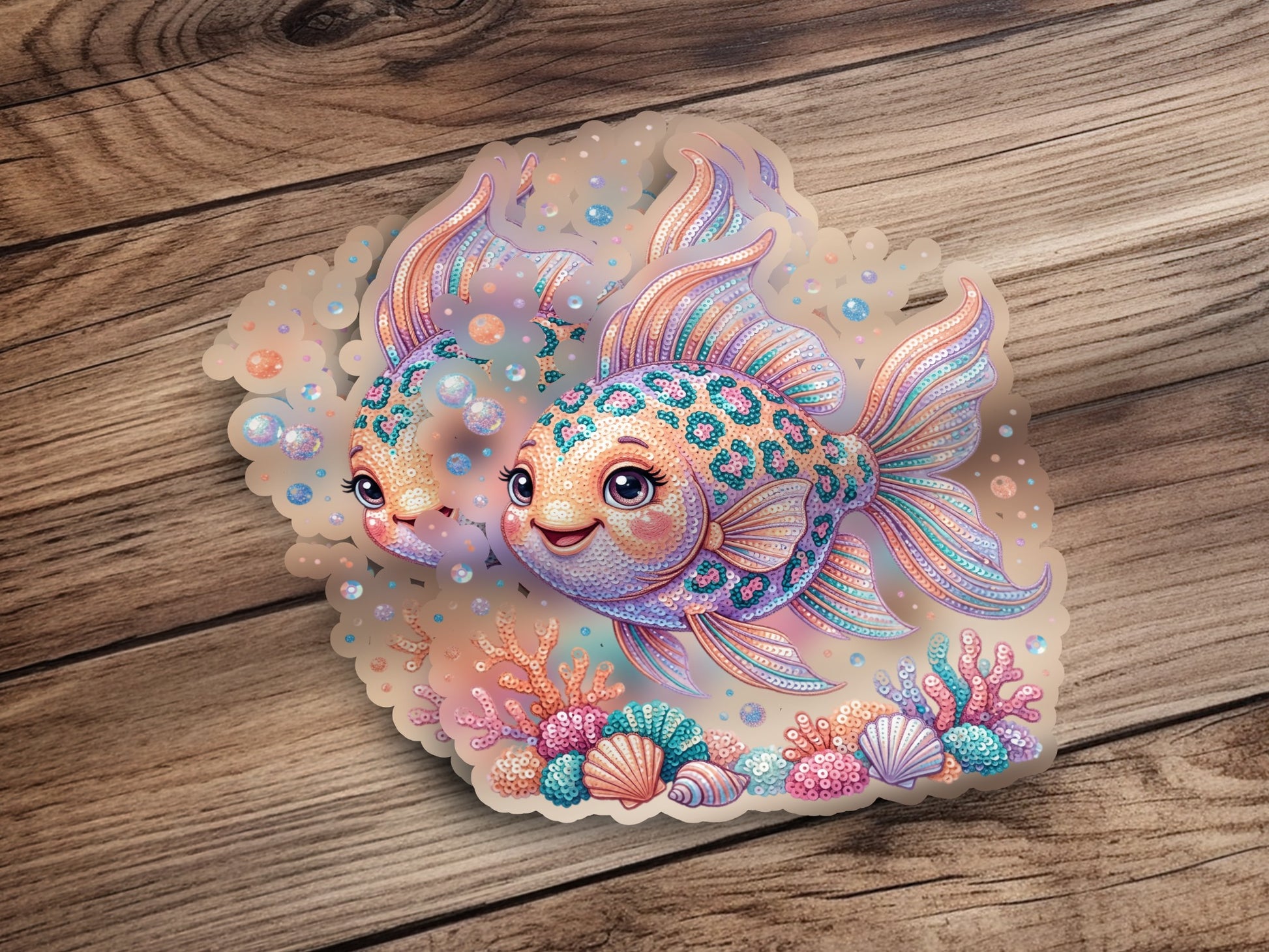 Two cartoon fish with leopard print scales among coral and seashells.