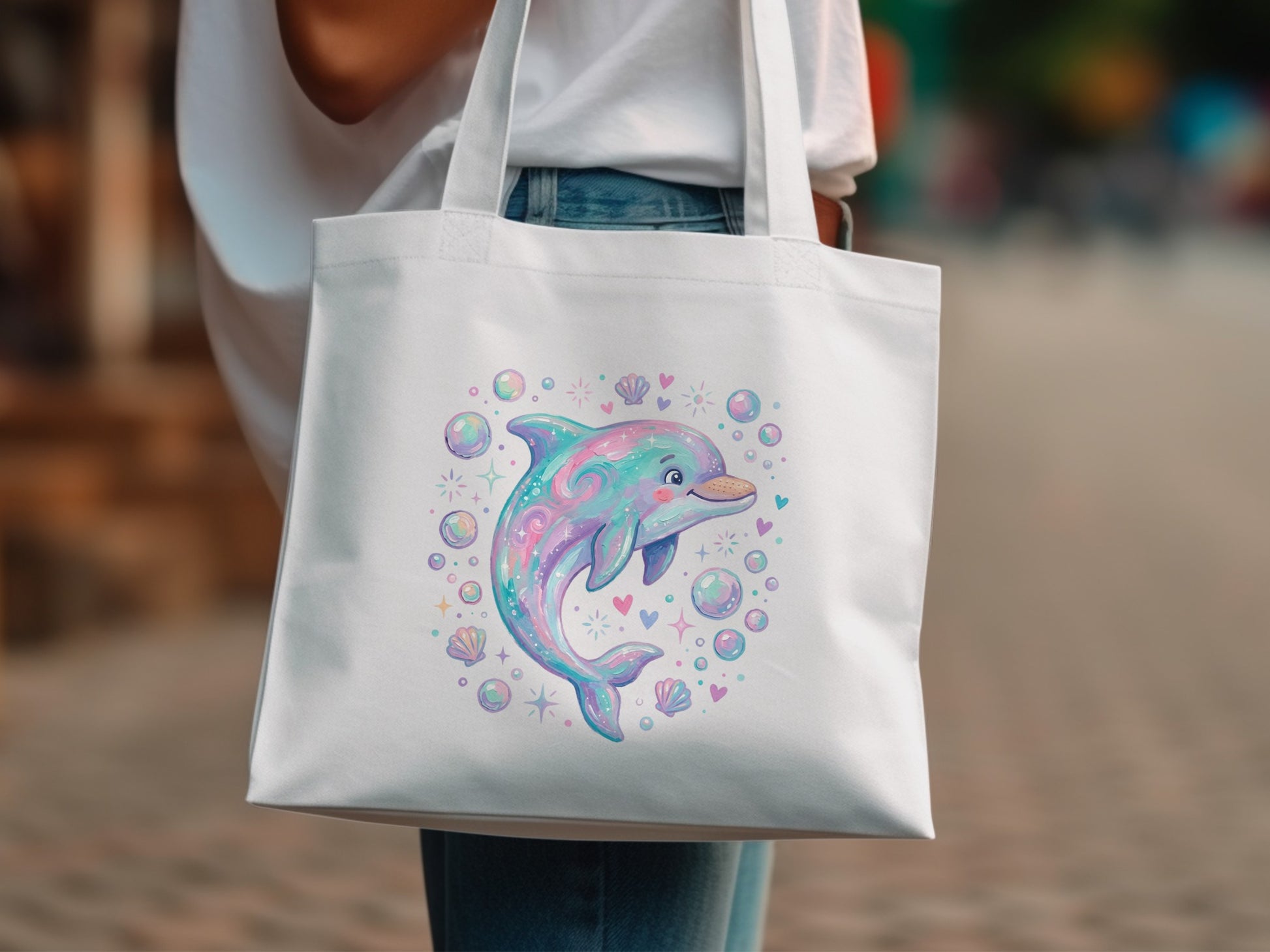 White tote bag featuring a pastel dolphin with bubbles.