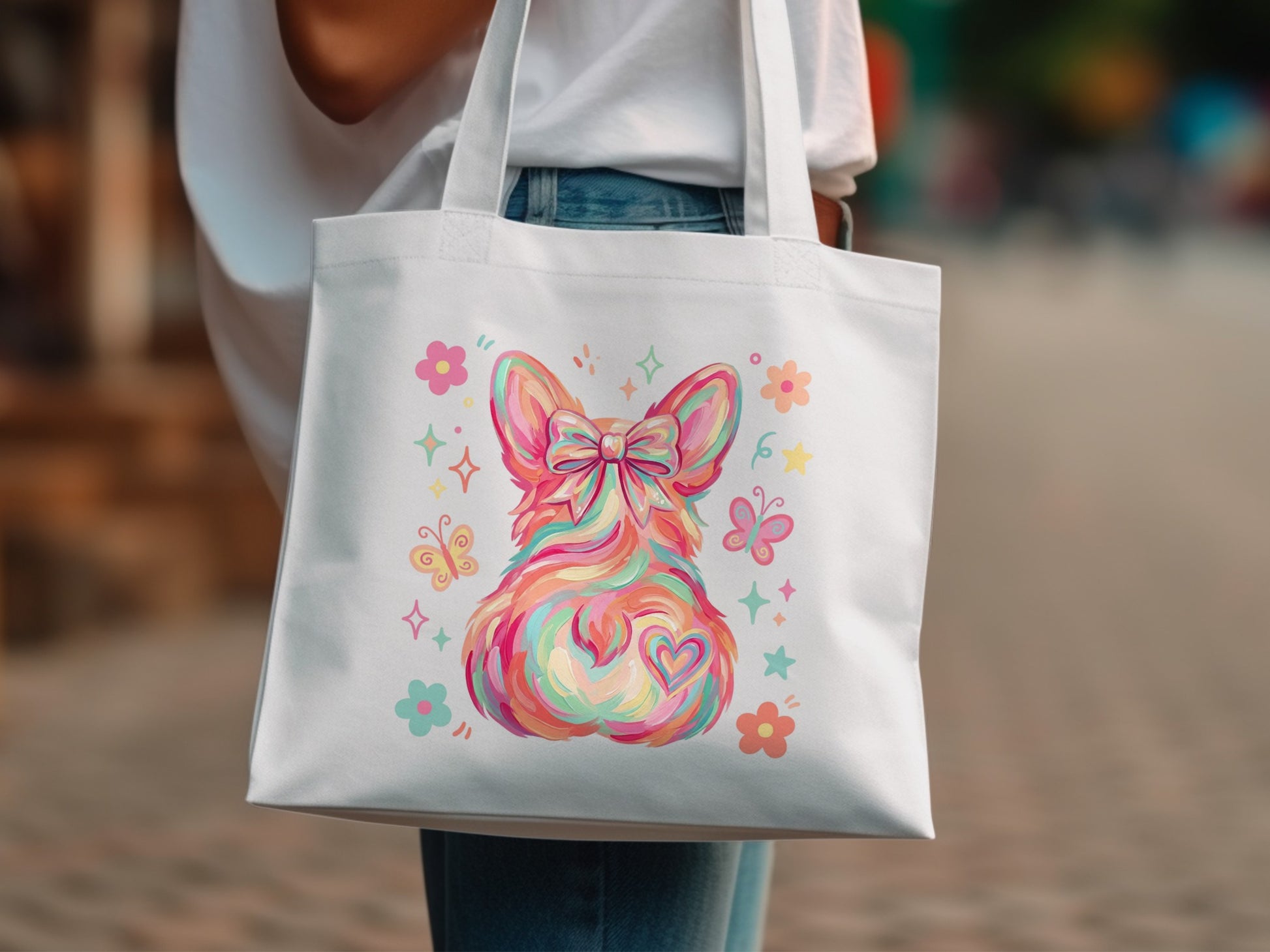 White tote bag with colorful corgi illustration, flowers, and butterflies.