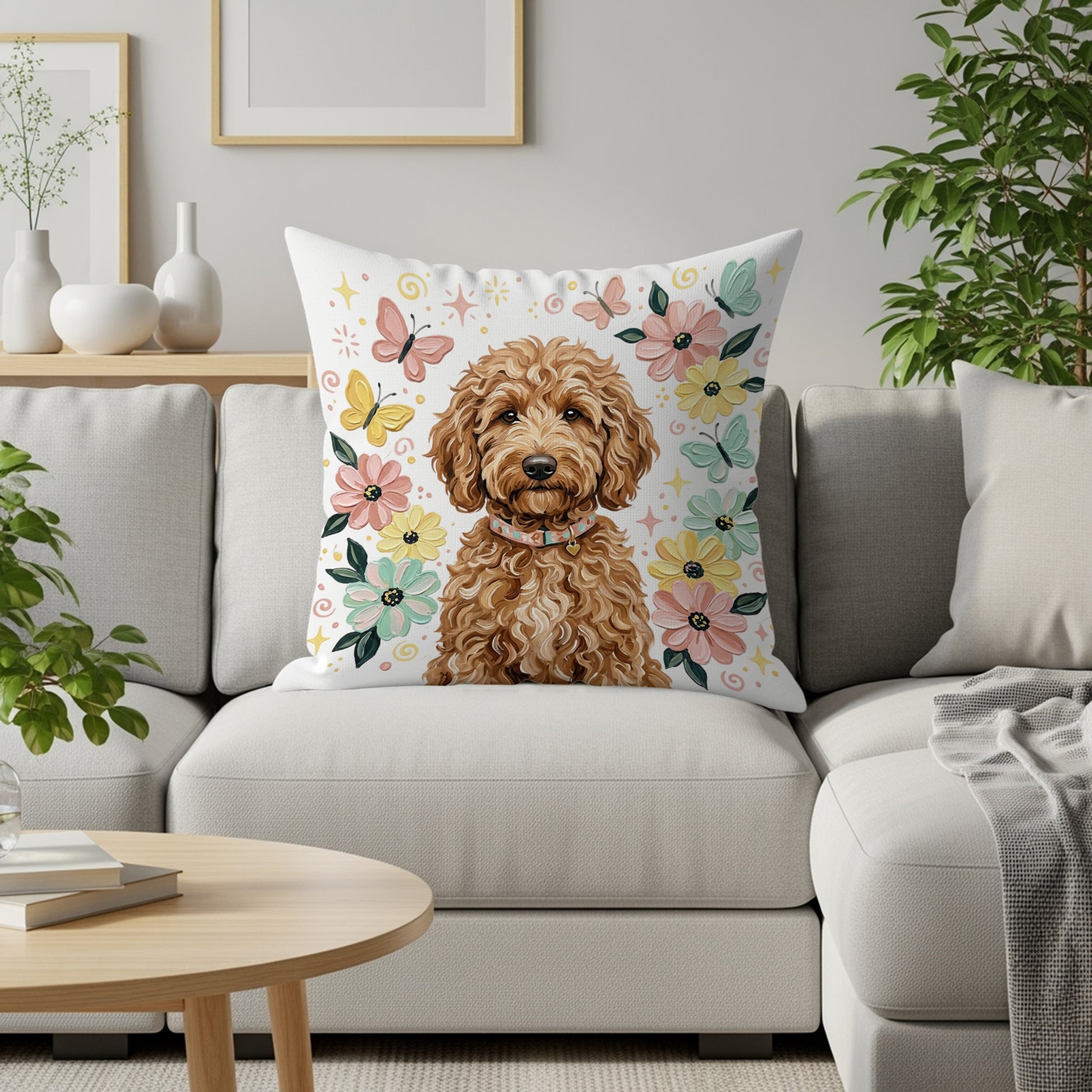 Fluffy brown dog sits on a sofa with a floral and butterfly pattern pillow.