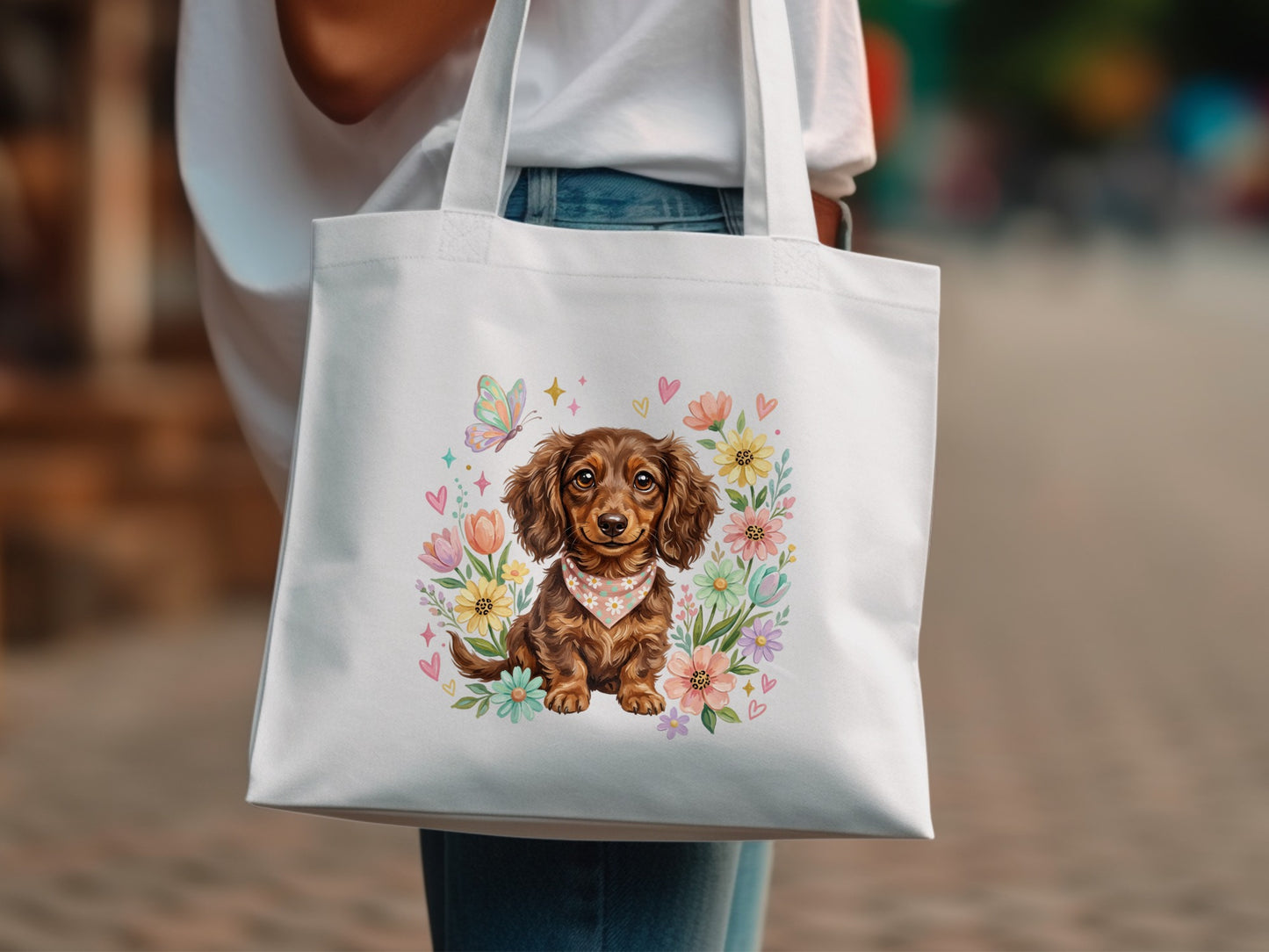 Dachshund with bandana surrounded by pastel flowers and butterfly.