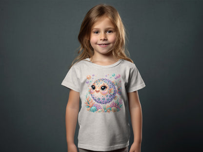 Light grey t-shirt with cartoon pufferfish and coral reef graphic.