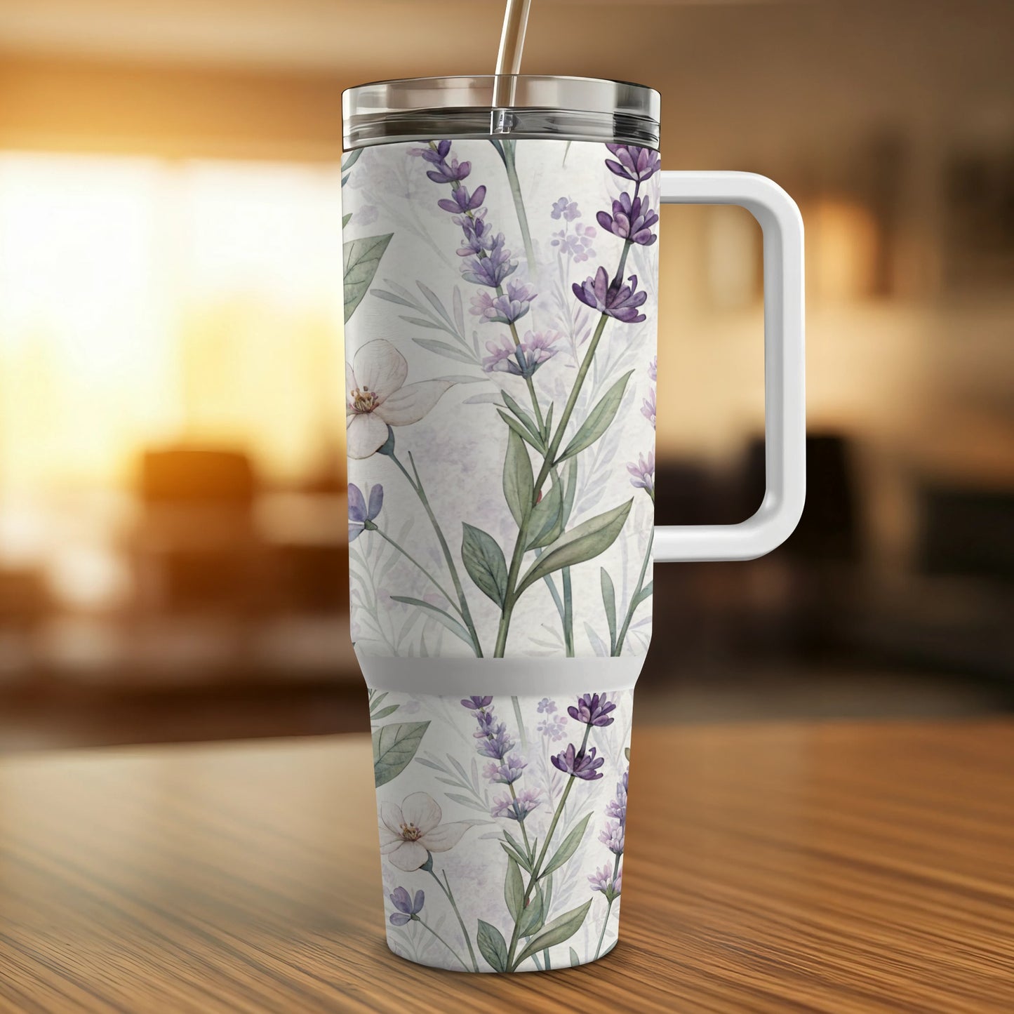 Lavender floral pattern on a white insulated tumbler with handle.