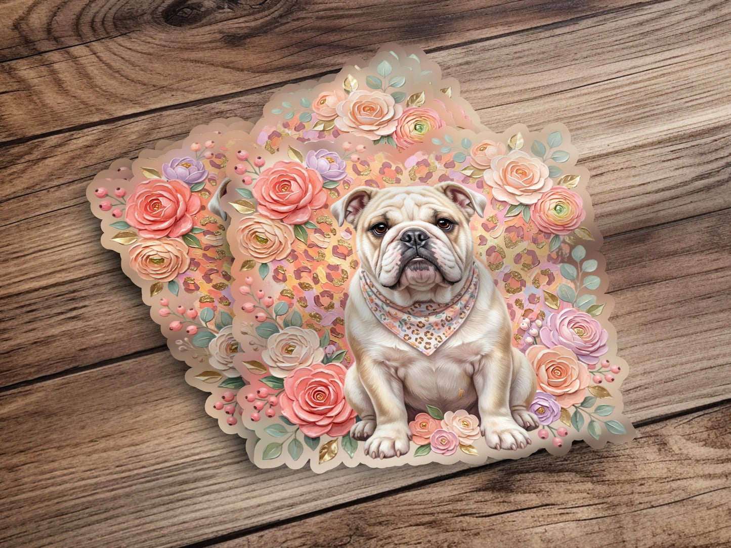 English bulldog wearing a bandana surrounded by colorful flowers on wood background.