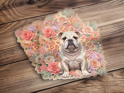 English bulldog wearing a bandana surrounded by colorful flowers on wood background.