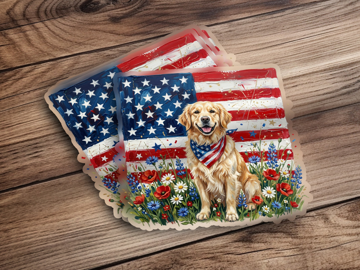 Golden retriever wearing bandana sits in field of wildflowers with American flag background.