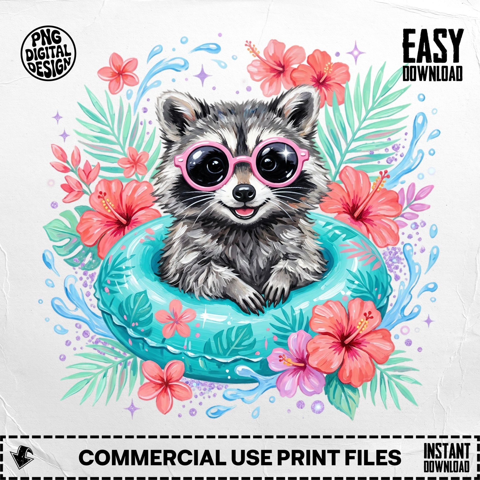 Cute raccoon in sunglasses floats on inner tube surrounded by tropical flowers.