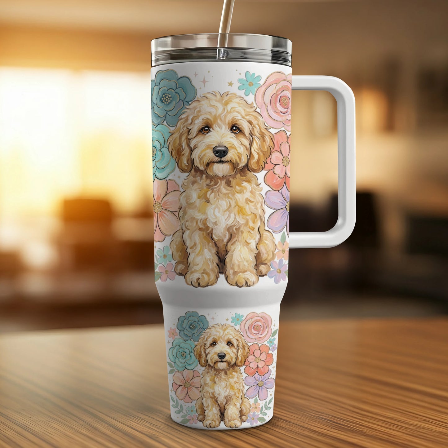 Goldendoodle puppy and flowers adorn white travel tumbler with straw.