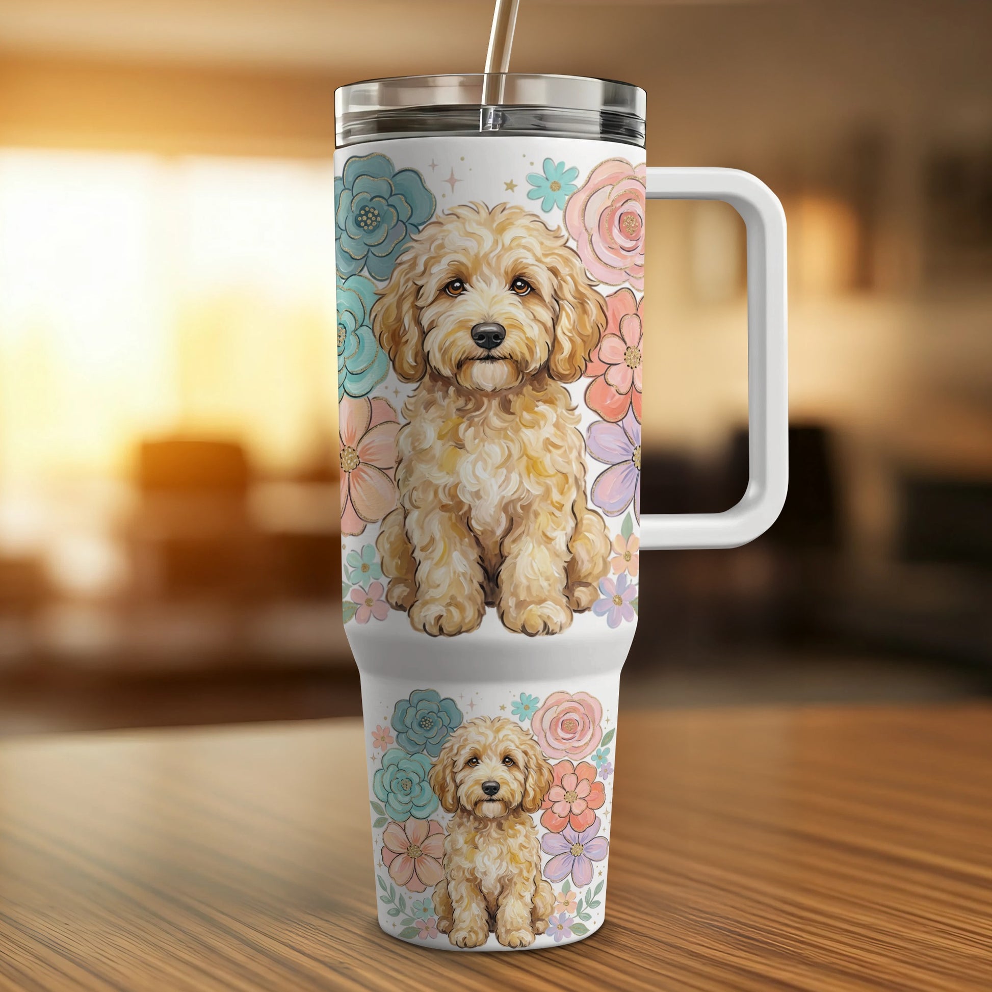 Goldendoodle puppy and flowers adorn white travel tumbler with straw.