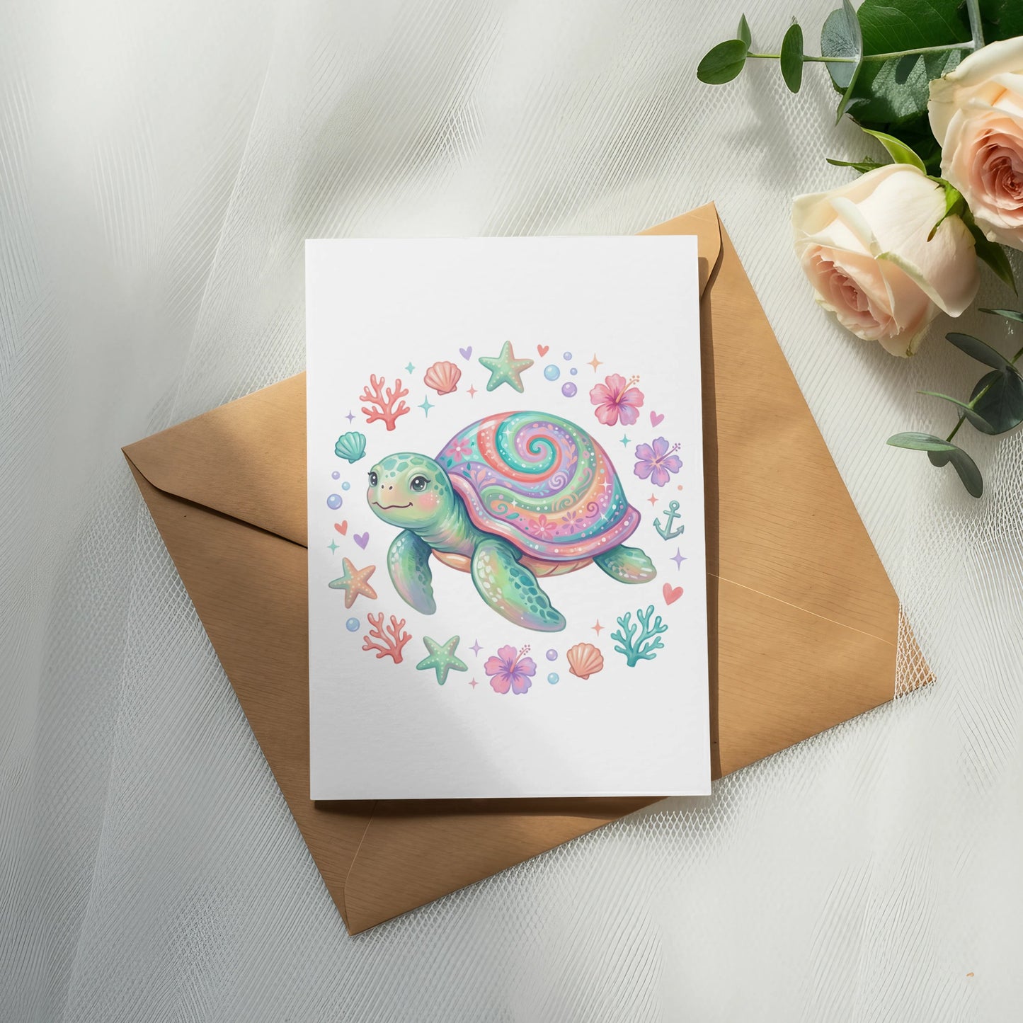 Colorful cartoon sea turtle surrounded by shells, stars, and flowers on a card.