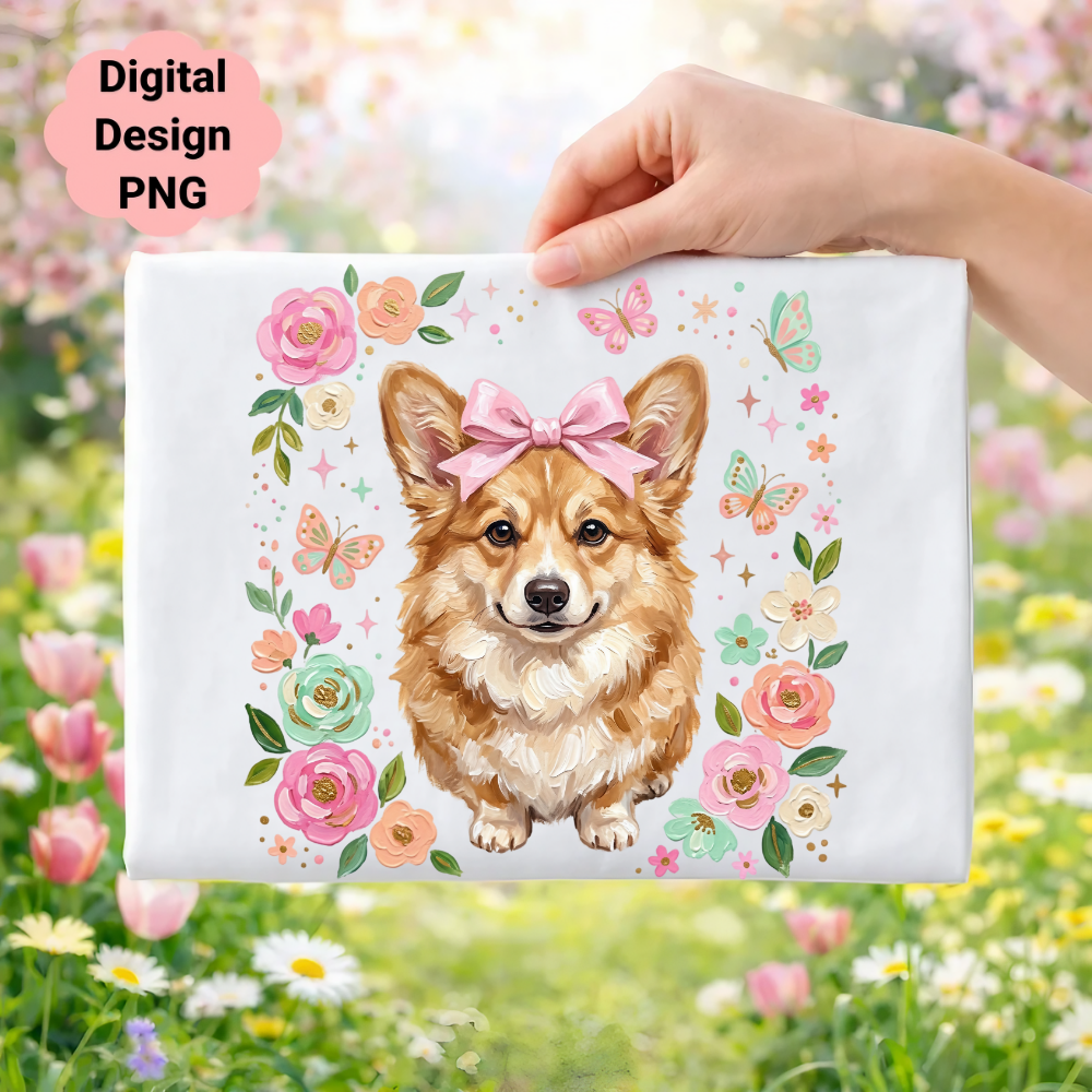 Corgi with bow surrounded by pink flowers and butterflies.