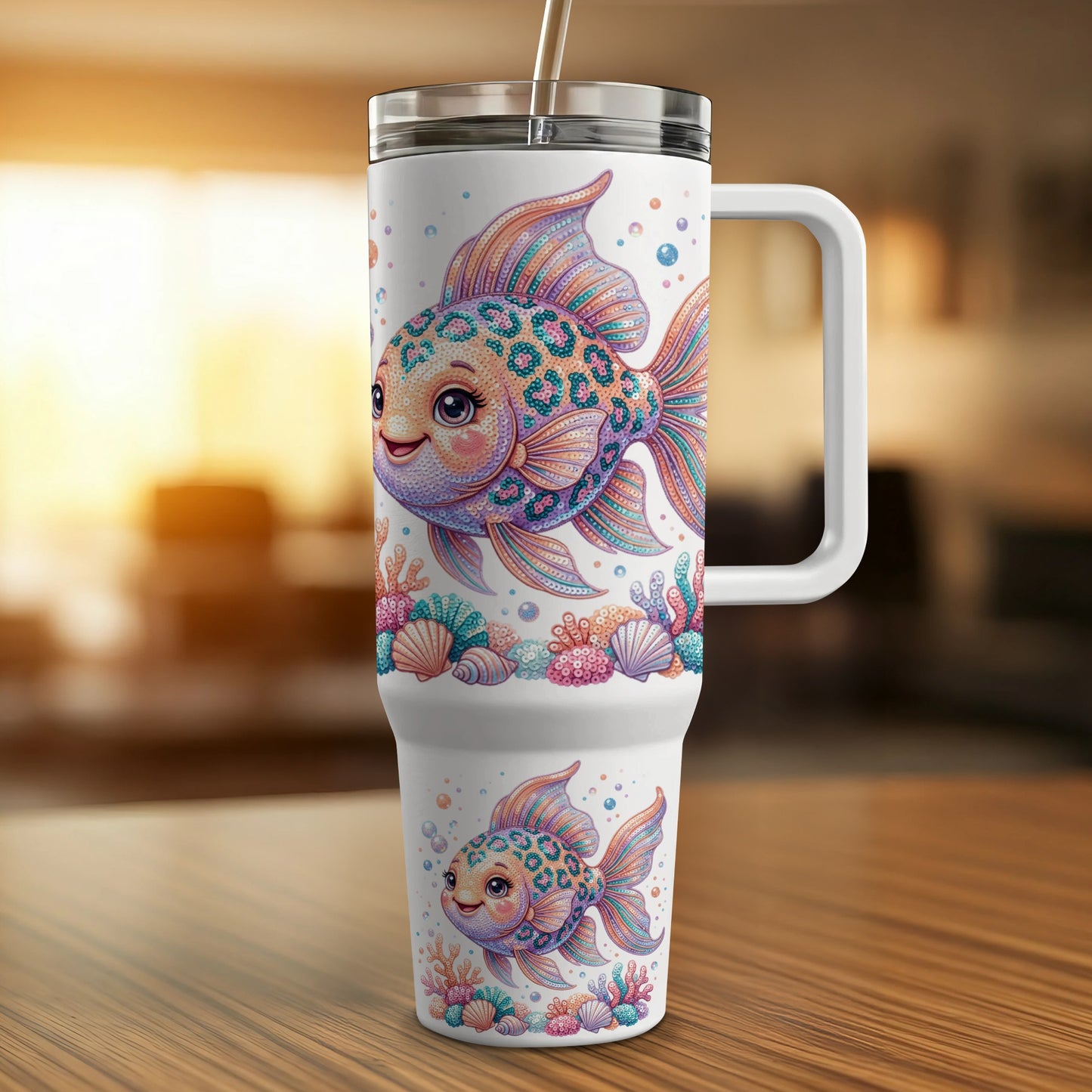 White tumbler with two smiling leopard-spotted goldfish and colorful seashells.