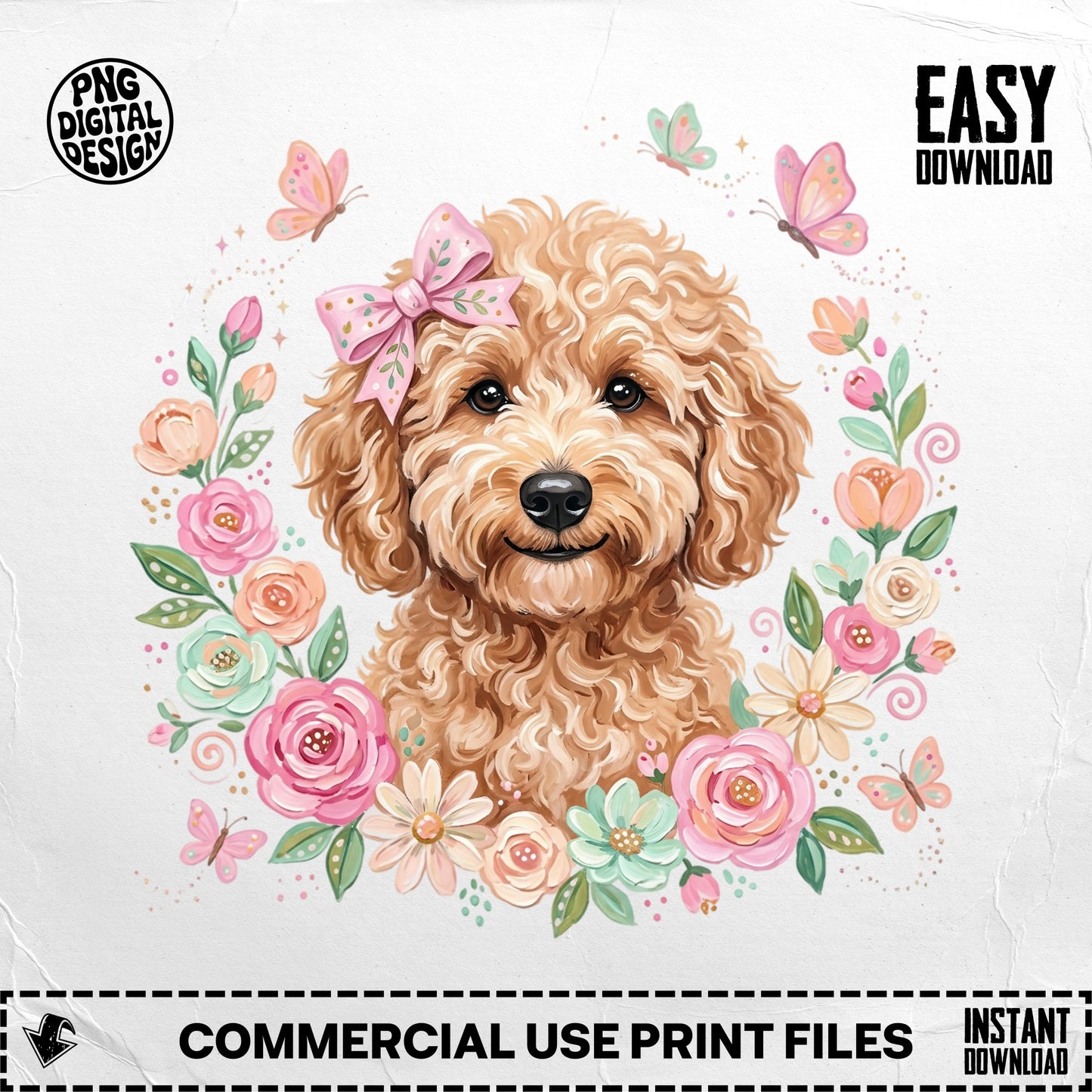 Fluffy dog with bow in floral wreath with butterflies, "Easy Download" text.