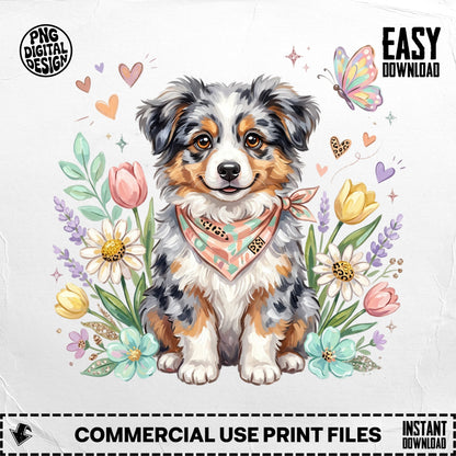 Australian Shepherd puppy with flowers and butterflies, wearing a bandana.