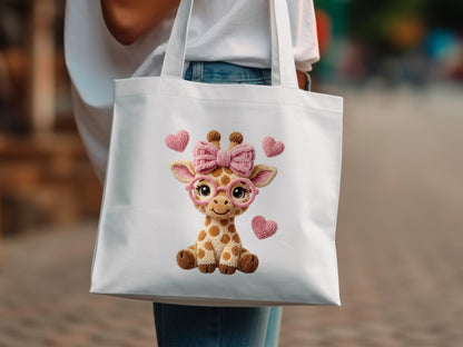 White tote bag with a cute embroidered giraffe wearing glasses and a bow.