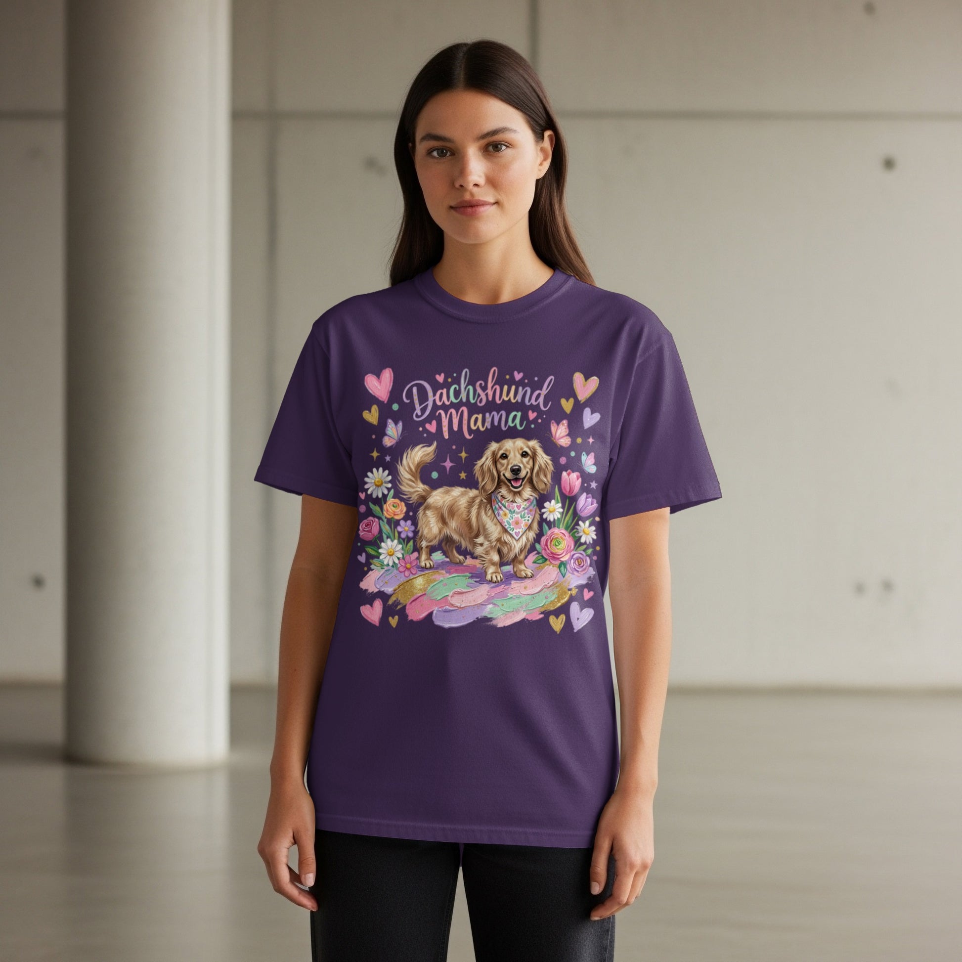 Dachshund Mama graphic t-shirt with a dog, flowers, and hearts.