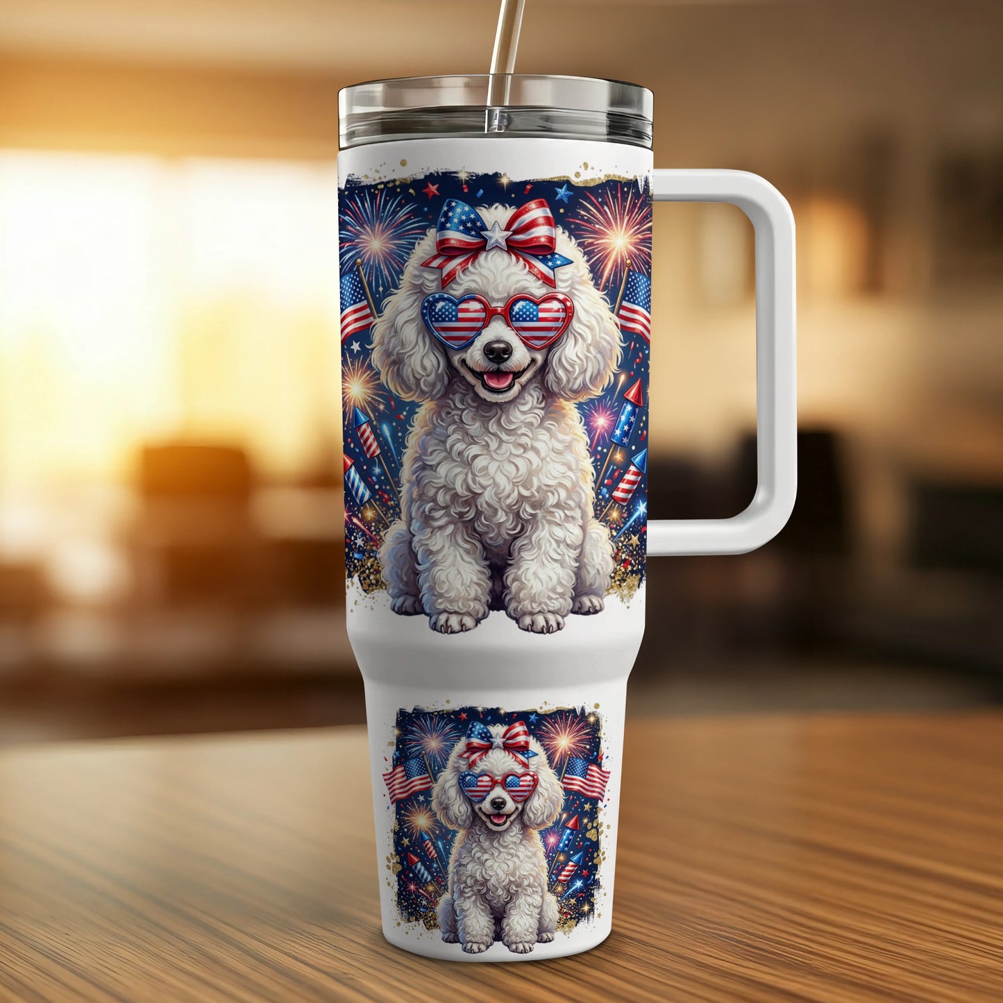 Poodle wearing heart-shaped American flag sunglasses with fireworks backdrop on a tumbler.