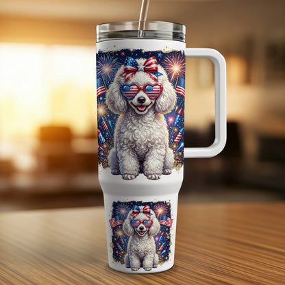 Poodle wearing heart-shaped American flag sunglasses with fireworks backdrop on a tumbler.