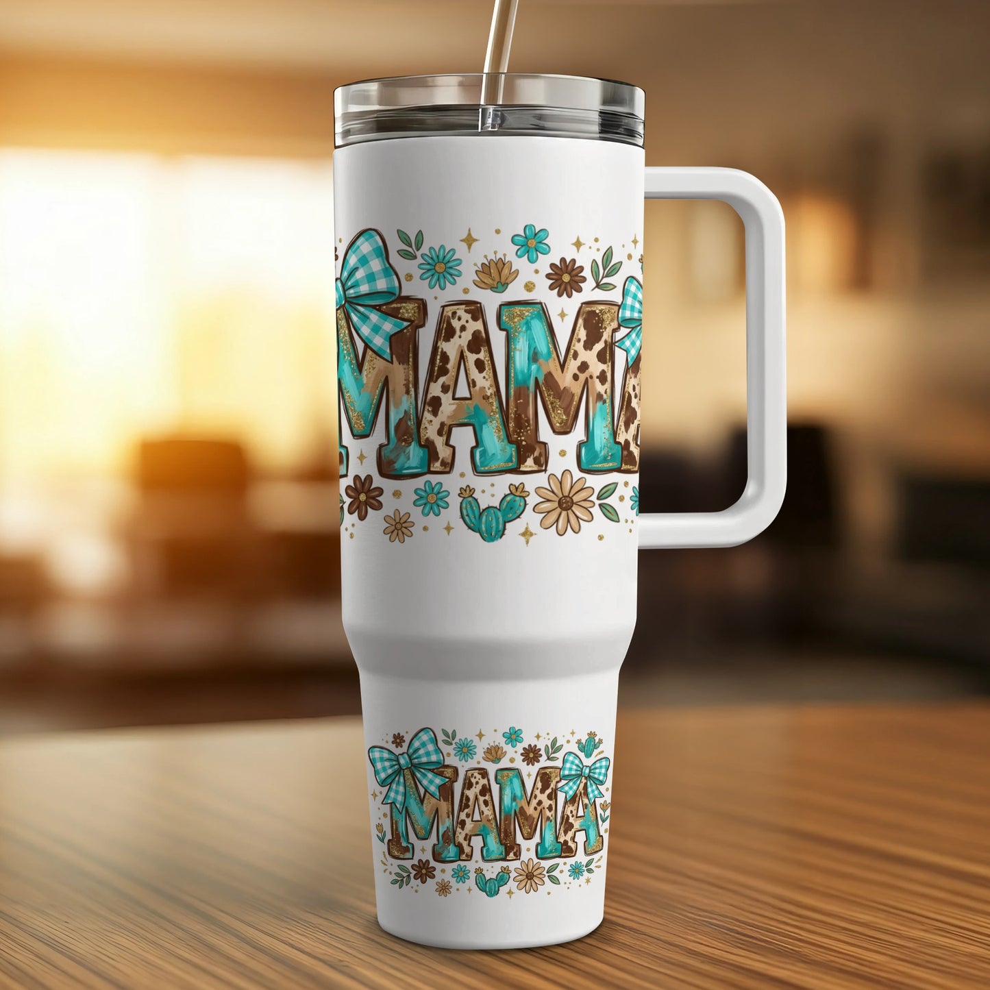 White tumbler with blue gingham bows and "Mama" text.